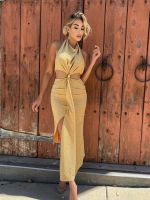 2023 Laura KORS ฤดูร้อนผู้หญิงเซ็กซี่ Halter backless GOLD MIDI bodycon ชุด Elegant Evening Club PARTY DRESS