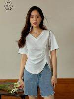 DUSHU Office Lady Irregular V-Neck Pleated Shoulder Black T-Shirt For Womens Summer 2023 New Basic White Top For Women