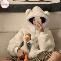 Women Winter Warm Zipper Jacket Fleece-lined Thickened Long Sleeves Cute Ears Hooded Jacket