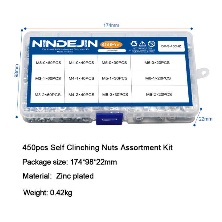 nindejin-450-ชิ้นตนเองกอดกันอ่อนนุช-s-ชุบสังกะสีเหล็กชุบสังกะสี-m3-m4-m5-m6-swage-อ่อนนุชกดพอดีอ่อนนุช-assortment-ชุดยึด