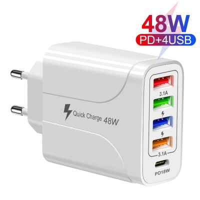 48W USB Type C Charger PD Fast Charging QC 3.0 For iPhone11 Samsung Xiaomi Huawei 5 Port Wall Charger Mobile PhoneTravel Adapter Wall Chargers