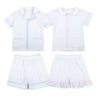 Matching Kids Boy Girl White Seersucker Pyjamas Little Children Baby Two Pcs Pajamas Set