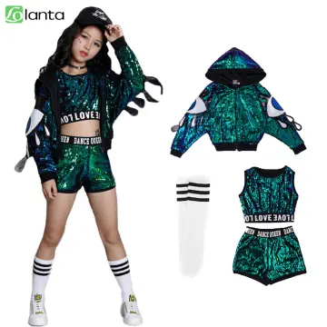 Jazz Costume Hip Hop Girls Clothing Green Tops Net Sleeve