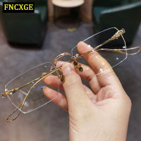 FNCXGE แว่นตากรองแสงสายตายาว 1.0 ถึง +4.0 ป้องกันรังสี สำหรับบุรุษและสตรี แฟชั่น สไตล์เกาหลี โลหะ ไร้ขอบ แว่นทรงเหลี่ยม กรองแสงสีฟ้า