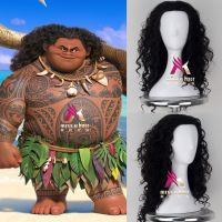 Movie Moana Prince Men Maui Wig Black Fluffy Long Hair Cosplay Curly Wig With Hair Net Maui Costumes +Wig Cap