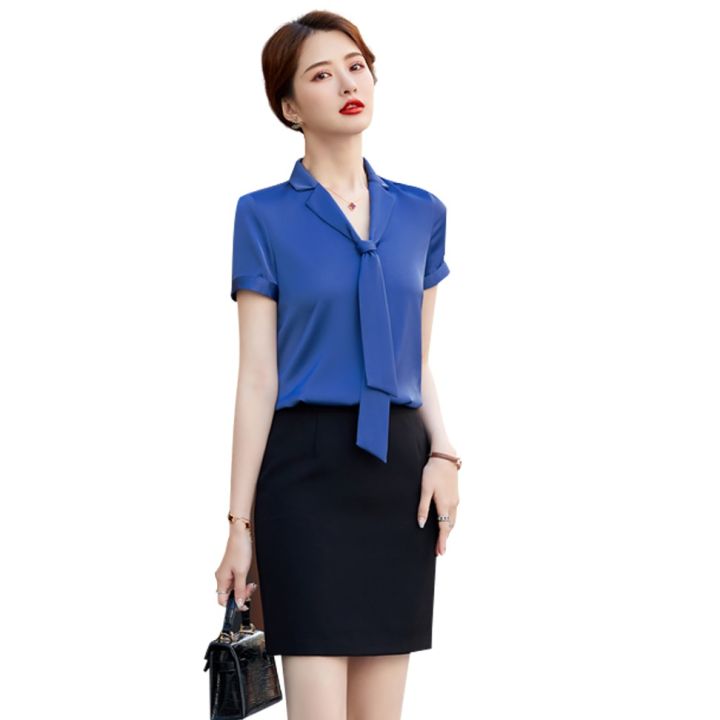 ฤดูร้อนเสื้อสีฟ้าผู้หญิง2ชิ้นกระโปรงและชุดเสื้อสำนักงานสุภาพสตรีทำงานเสื้อแขนสั้น-ol-สไตล์