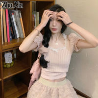 Zhu Xia เสื้อแขนพองของผู้หญิง,เสื้อยืดคอปกสี่เหลี่ยมลูกไม้เสื้อท่อนล่างสั้นฤดูร้อน