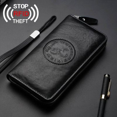 （Layor wallet） กระเป๋าสตางค์หนังแท้วินเทจ RFID Theft Protect Wallet Zipper Coin Pocket Passport Cover Long Purse For Men Card Holder 2021
