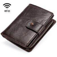 ZZOOI Geneuine Leather Casual Mens Wallet RFID Short Wallets Zipper Hasp Design Small Coin Purse Credit Card Holder Clutch for Male