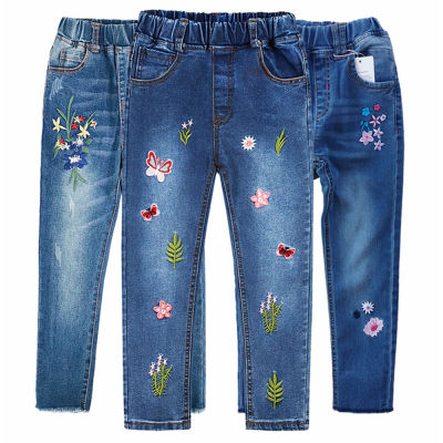 4-15T Kids Jeans For Teenage Girls Pants Children Denim Trousers Blue Stretch Embroidery Flowers Teen Clothes Spring Clothing