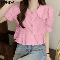 VONDA เสื้อลำลองผู้หญิงลายสีทึกเสื้อสตรีแขนสั้นมีฟองปกกลีบ (ดอกไม้เกาหลี)