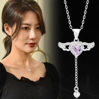 Fashion สร้อยคอจี้รูปหัวใจ zircon Angel Wings เครื่องประดับผู้หญิง Y2K เรียบง่ายสีชมพูเพทายสีขาวสร้อยคอสุดหรู