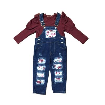 Girlymax Fall Baby Girls Children Clothes Outfits Overall Wine Burdy Floral Flower Lace Top Denim Jeans Pants Set