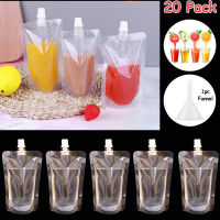 20 Pcs Stand-Up Plastic Drink Bag Spout Pouch Water Bottles Nozzle Bag Disposable Beverag Milk Coffee Holder with Funnel