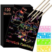 Scratch Paper Art Set Rainbow Card Scratch Black Scratch It Off Paper Crafts Notes with Wooden Stylus Stencils for Kid DIY Gift Pipe Fittings Accessor