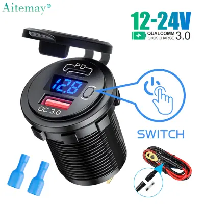 Aitemay 60W USB QC 3.0 PD Type C Car Socket Fast Charger With Waterproof Voltage Display Switch And 10A Fuse Cable For 12V-24V Car Truck Boat RV Motorcycle Quick Charging Adapter ซื้อทันทีเพิ่มลงในรถเข็น