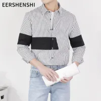 EERSHENSHI เสื้อเชิ้ตแขนยาวลายแนวตั้งของผู้ชายเย็บแนวโน้มหรูหราเสื้อเสื้อเชิ้ตผู้ชาย