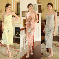 ฤดูร้อน French Swing Collar Magnolia พิมพ์ซาติน Nightdress Beach ชุดนอน Nightgown สำหรับผู้หญิง Homewear Nightwear