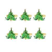 6Pcs Green Chirstmas Tree Napkin Rings,Golden Rings Designed with Red and White Diamond for Christmas Dinning Table