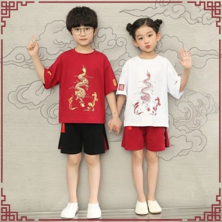 lanbao-ชุดเด็ก-ชุดตรุษจีนเด็กชาย-ชุดเด็กแขนสั้นขาสั้นสไตล์จีน-เสื้อตรุษจีนเด็กชาย-ใส่ได้ทั้งเด็กผู้หญิงและชาย