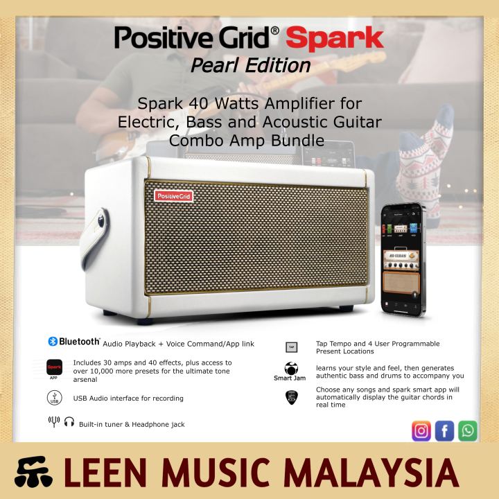 Positive Grid Spark 40 Pearl Edition Smart Amplifier for Electric,Bass &  Acosutic Guitar - Bluetooth Feature with App link Huge Bundle Effect Preset 