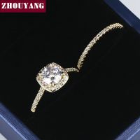 ZHOUYANG ชุดแหวนแต่งงานแหวนหมั้นสำหรับผู้หญิงเพชรสังเคราะห์เจียระไนกลมคลาสสิกสีทองเครื่องประดับแฟชั่น SR559ของขวัญคริสต์มาส