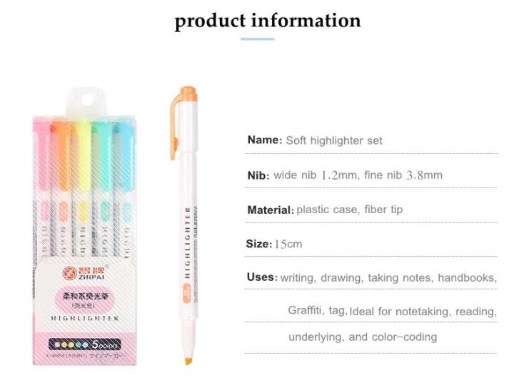 5pcs-box-markers-highlighter-pen-set-kawaii-markers-soft-head-focus-on-notes-painting-school-art-supplies-stationery