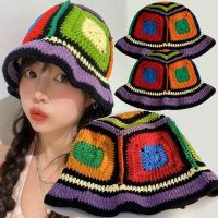 Colorful Rainbow Crochet Bucket Hat Women Spring Summer Sun Hat Handmade Knit Beanies INS Korean Cute Beanies Panama Cap