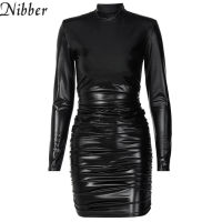 Nibber Pu Leather Mini Dress Elegant Autumn Ruched Turtleneck Long Sleeve Bodycon Bandage Sexy Streetwear Party Prom Club