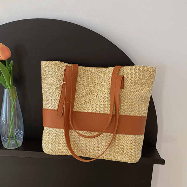 กระเป๋าฟางแบบทอฤดูร้อนแฟชั่น-pu-แบบเย็บด้วยมือกระเป๋าแบบทอใหญ่ทำด้วยมือเรียบง่ายโท้ทแบบลำลองลำลอง