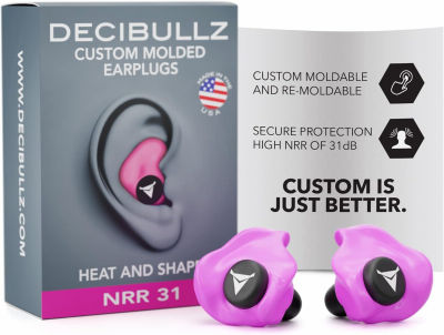 Decibullz - Custom Molded Earplugs, 31dB Highest NRR, Comfortable Hearing Protection for Shooting, Travel, Swimming, Work and Concerts (Pink)