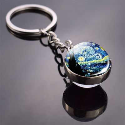 Van Gogh Oil Painting Keychain Starry Night art Picutre Glass Ball Key Chains Van Gogh Jewelry for Men for Women Dropshipping