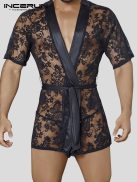 INCERUN 2022 New Men Mesh Robes Lace See