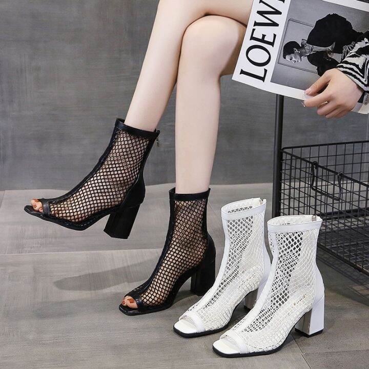 ขายดีที่สุด-ioztt2023-fashion-mesh-sandals-mouth-short-tube-high-heeled-hollow-breathable-toe-2023-new