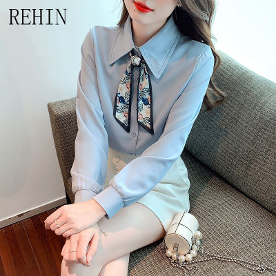 REHIN เสื้อผู้หญิงมาใหม่ล่าสุดฤดูใบไม้ร่วงคอเนคไทพิมพ์ลายการออกแบบที่ไม่เหมือนใครแขนยาวฝรั่งเศสเสื้อชีฟอง