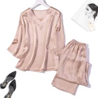 ♀○▫  100  Pure Mulberry Silk Women  39;s V Neck Pajama Set Sleepwear Nightwear L Xl Jn525 - Pajama Sets - AliExpress