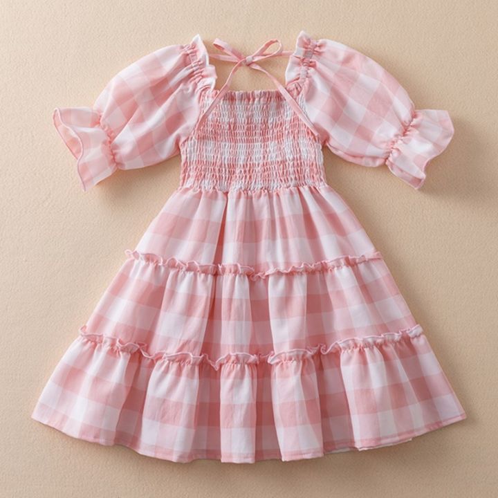 2022-new-fashion-vintage-plaid-summer-clothes-princess-party-smocked-dress-for-girls-birthday-wedding-gown-kids-vacation-dresses