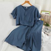 COD DSFGERTGYERE Vintage Two Piece Set Women Casual V-Neck Short Sleeve Tops And High Waist Skirt Female Elegant Fashion Suit