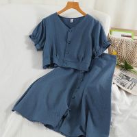 COD DSFGERRTYTRRE Vintage Two Piece Set Women Casual V-Neck Short Sleeve Tops And High Waist Skirt Female Elegant Fashion Suit