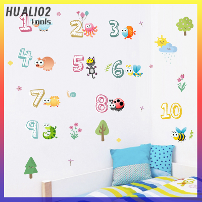 HUALI02สัตว์น่ารักด้วยตัวเลขอาหรับสติ๊กเกอร์ติดผนังสำหรับห้องชั้นเรียนอนุบาล