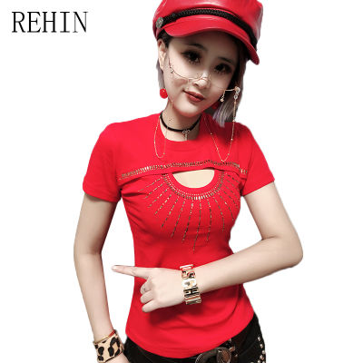 REHIN เสื้อยืดแขนสั้นสำหรับผู้หญิง,แฟชั่นใหม่ล่าสุดดีไซน์หรูหราคอกลมมีเพชรขายดีเสื้อสตรีผ้าฝ้าย