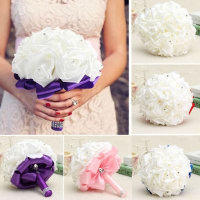 [AYIQ Flower Shop] 1ชิ้นดอกไม้ประดิษฐ์กุหลาบเพื่อนเจ้าสาวแต่งงานโฟมดอกไม้กุหลาบเจ้าสาวช่อริบบิ้นปลอมช่อดอกไม้งานแต่งงาน Boho สไตล์สำหรับบ้าน
