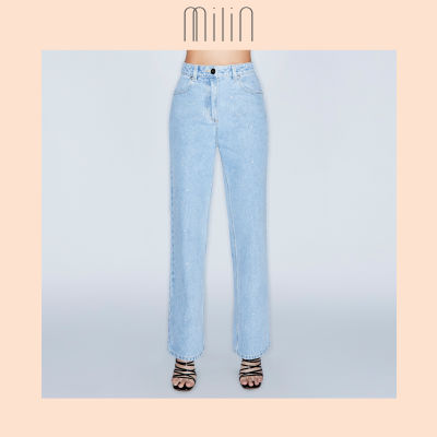 [MILIN] Straight leg boyfriend  Jeans with crystal embellishment กางเกงขายาวแต่งคริสตัล Boyfriend Bling / LIGHT DENIM