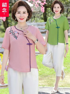 【Mar】 Middle-aged womens clothing embroidery suit with short sleeves 40 50 years old mother summer two-piece breathable loose big yards T-shirt