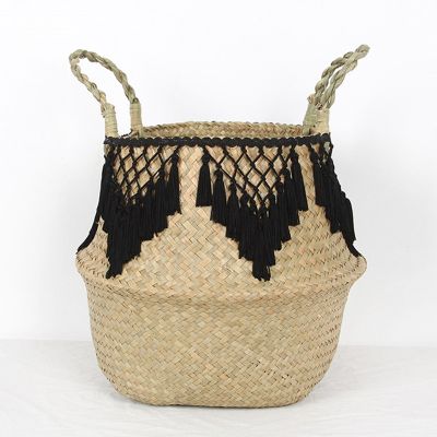 Seagrass Storage Basket Lace Laundry Basket Natural Rattan Flower Basket Straw Toys Organizer Black White