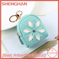 SHENGHAN Dompet Koin ดอกไม้หนัง PU ขนาดเล็กสำหรับขนาดเล็กของเด็กผู้หญิงซิปที่ใส่กระเป๋าสตางค์บัตรเครดิตพวงกุญแจกระเป๋าใส่หูฟัง