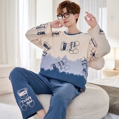 MUJI High quality pajamas mens spring and autumn cartoon teenager middle school students long-sleeved trousers pure cotton round neck outerwear dormitory home clothes
