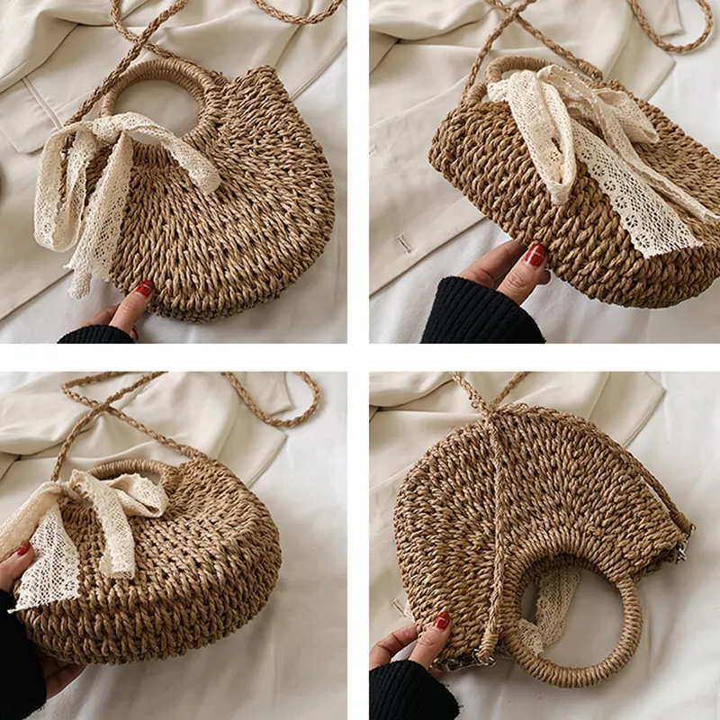 Straw Bag Hand-Woven Handbag Moon Shape Lace Bow Rattan Bag Beach