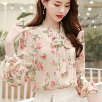 New Western style upscale womens clothing, bow tie, floral, fashionable and versatile shirt, shirt, non plush long sleeved top, female