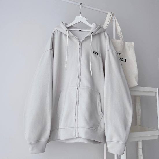 Áo khoác hoodie zip wzs tem su xám chì vải nỉ lót bông form rộng unisex - ảnh sản phẩm 2